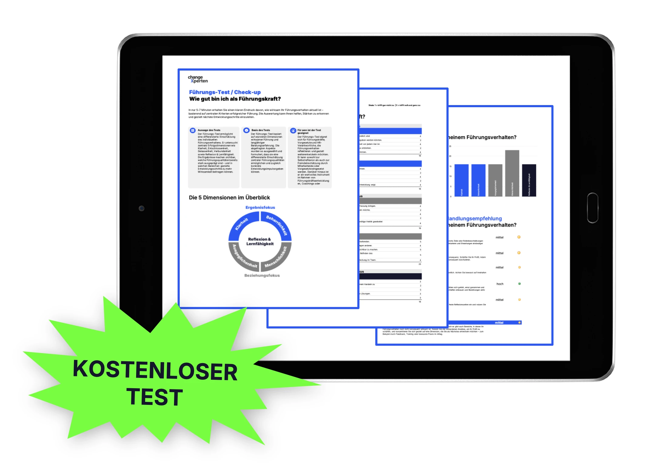Kostenlose Ergebnisvorschau des Führungs-Tests auf iPad-Bildschirm